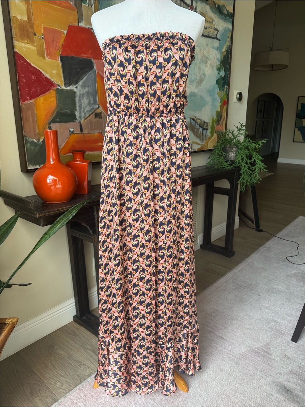 The Webster at Target Strapless Maxi Dress in Black, Pink and Peach Swirl Print